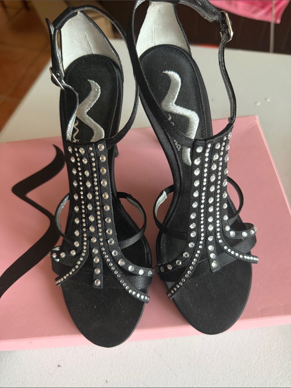 Nina Black Rhinestone T-Strap Evening Heels